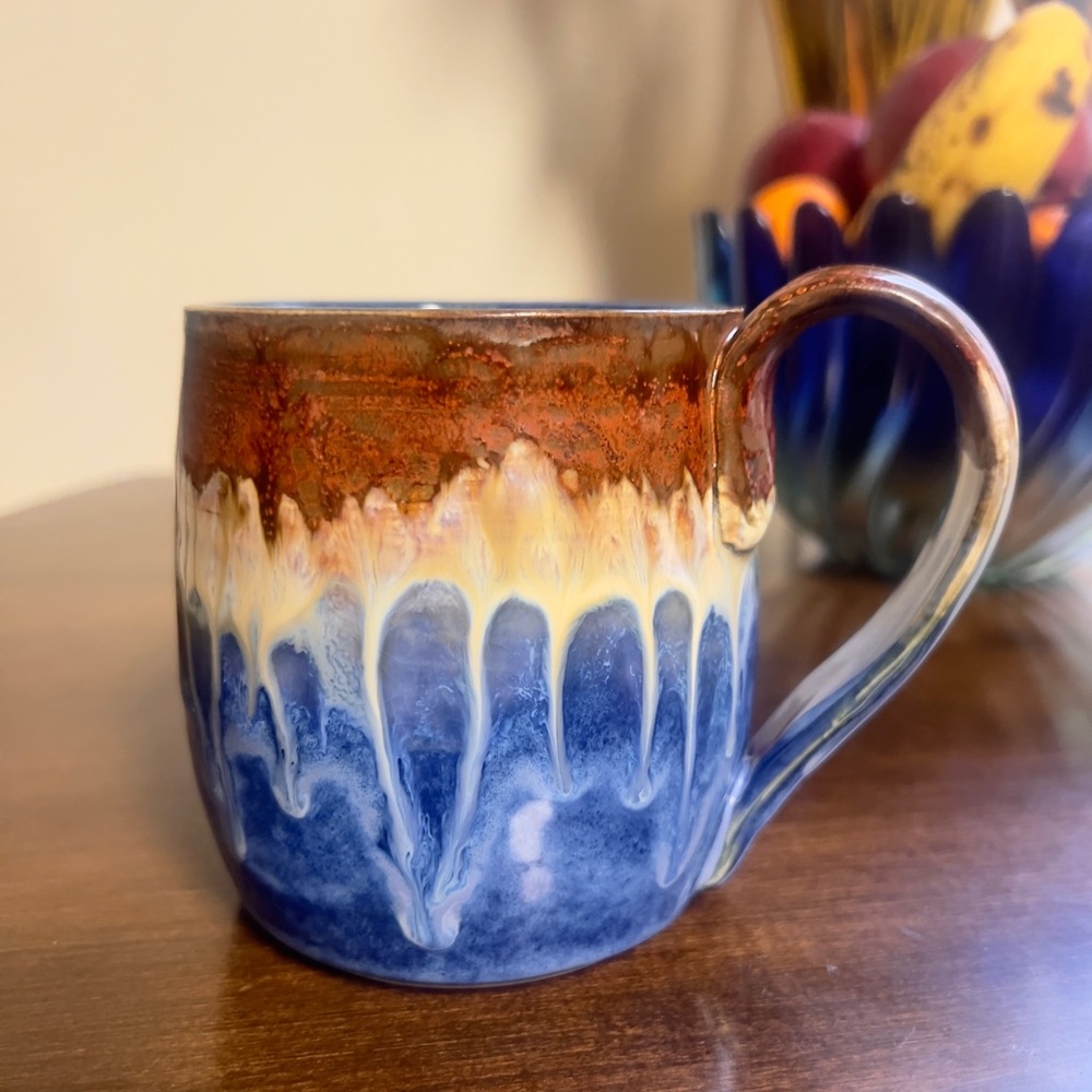 Handmade Ceramic Drip Glaze Coffee Mug 15oz - Blue & Brown Signed 2023